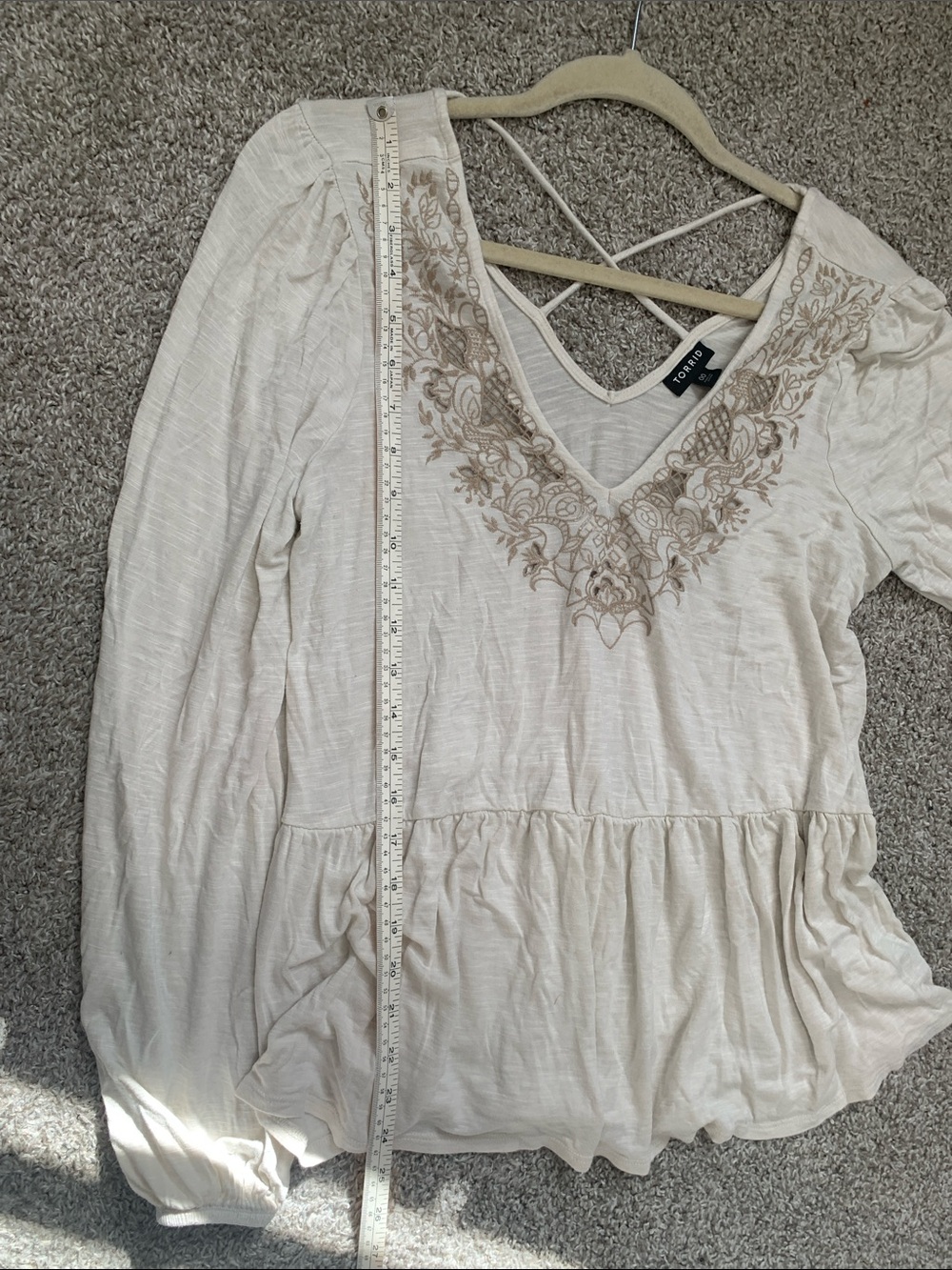 torrid Cream V-Neck Embroidered Peplum Boho Long Sleeve Blouse - Picture 7 of 8